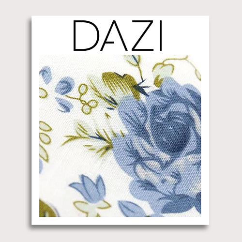 Frisco Fabric Swatch Sample. 3" x 4" fabric sample on cardstock. White background with small and medium size light blue flowers and sage green leaves.