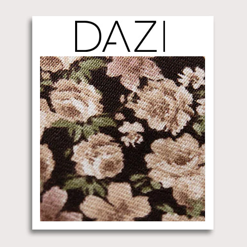 Harvest Bouquet Fabric Swatch Sample. 3" x 4" fabric sample on cardstock. Dark brown background with cream and off white flowers and small green leaves.