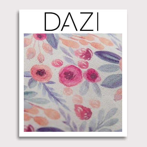 Hermosa Fabric Swatch Sample. 3" x 4" fabric sample on cardstock. Cream/off white background with pink and peach circular flowers and blue and green leaves throughout.