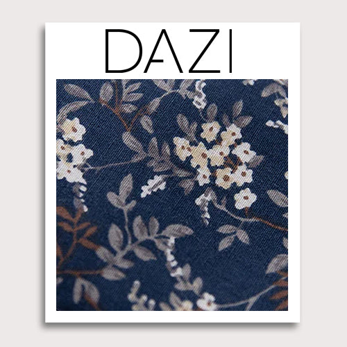 Homestead Fabric Swatch Sample. 3" x 4" fabric sample on cardstock. Navy Blue background with small white and cream flowers and light brown and gray leaves and vines.