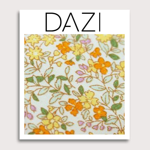 Honey Fabric Swatch Sample. 3" x 4" fabric sample on cardstock. Off white background with small yellow, orange, and pink flowers throughout.