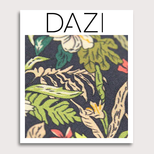 Jumanji Fabric Swatch Sample. 3" x 4" fabric sample on cardstock. Grayish background with white, green, red, orange and yellow jungle leaves over the entire tie.