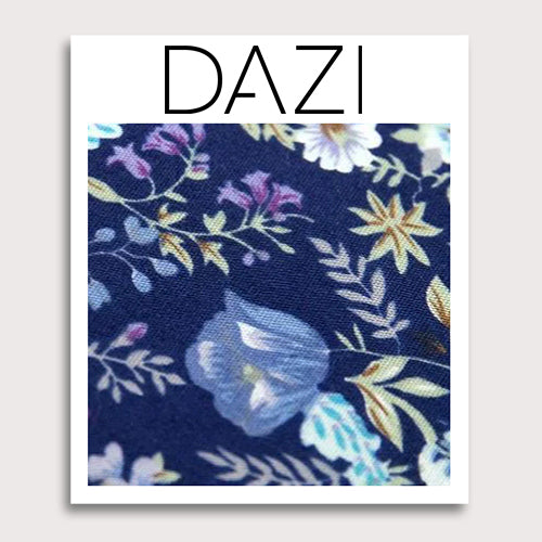 Lilac Fabric Swatch Sample. 3" x 4" fabric sample on cardstock. Navy background with blue, purple and white flowers, and green leaves and branches.