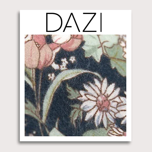 Lotus Fabric Swatch Sample. 3" x 4" fabric sample on cardstock. Navy background with white and blush pink flowers and sage green stems and leaves.