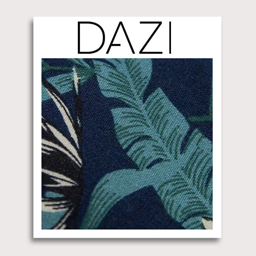 Lush Fabric Swatch Sample. 3" x 4" fabric sample on cardstock. Navy blue background with big green leaves and small cream and black flowers throughout.