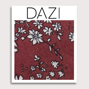 Mahogany Floral Fabric Swatch Sample. 3" x 4" fabric sample on cardstock. Burgundy background with small white flowers and black stems throughout.