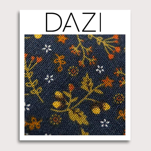 Maple Blossom Fabric Swatch Sample. 3" x 4" fabric sample on cardstock. Navy blue textured background with yellow gold, orange and white flowers and leaves throughout. 