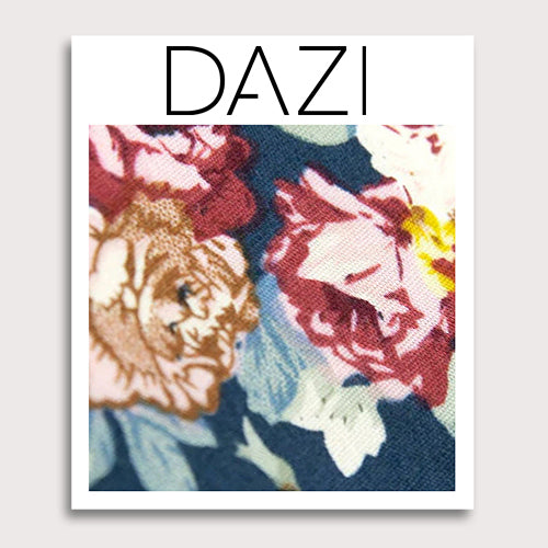 Mardi Fabric Swatch Sample. 3" x 4" fabric sample on cardstock. Navy background with yellow, red, and cream flowers and blue leaves.