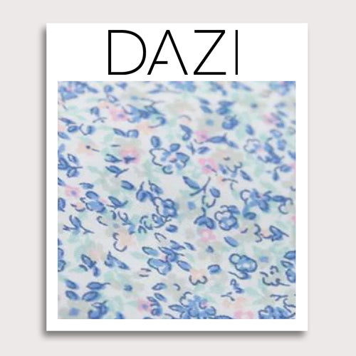 Misty Love Floral Fabric Swatch Sample. 3" x 4" fabric sample on cardstock. White background with small blue, green, and pink flowers and mint green and blue leaves throughout.