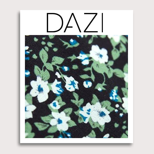 Morning Glory Fabric Swatch Sample. 3" x 4" fabric sample on cardstock. Black background with white flowers, blue flower center, and green leaves.