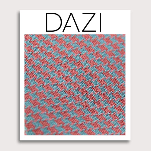 Opal Weave Fabric Swatch Sample. 3" x 4" fabric sample on cardstock. Herringbone weave pattern of light blue and salmon color fabric.