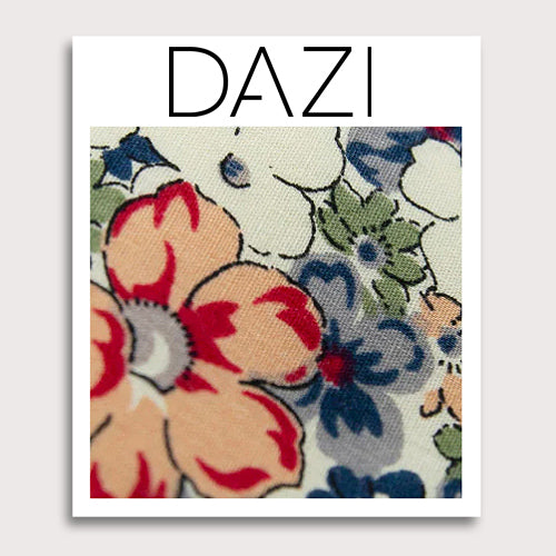 Orange Pansy Fabric Swatch Sample. 3" x 4" fabric sample on cardstock. Cream background with orange, blue, sage green, white and lavender flowers.