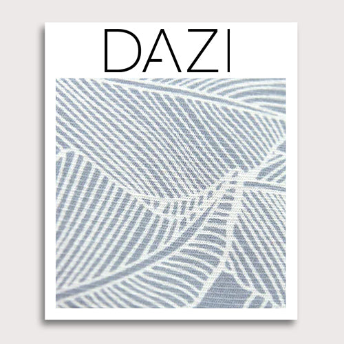 Palm Fabric Swatch Sample. 3" x 4" fabric sample on cardstock. Blue/gray background with white palm leaf pattern over entire tie.