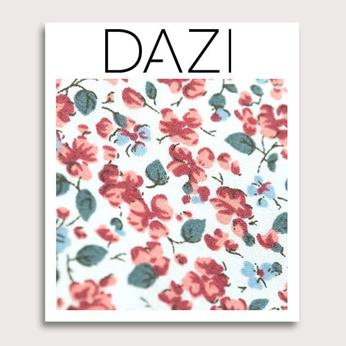 Peach Blossom Fabric Swatch Sample. 3" x 4" fabric sample on cardstock. White background with small red and dusty blue flowers and small green leaves.