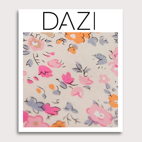 Pink Meadow Fabric Swatch Sample. 3" x 4" fabric sample on cardstock. Cream background with orange, light brown, pink and lavender flowers.