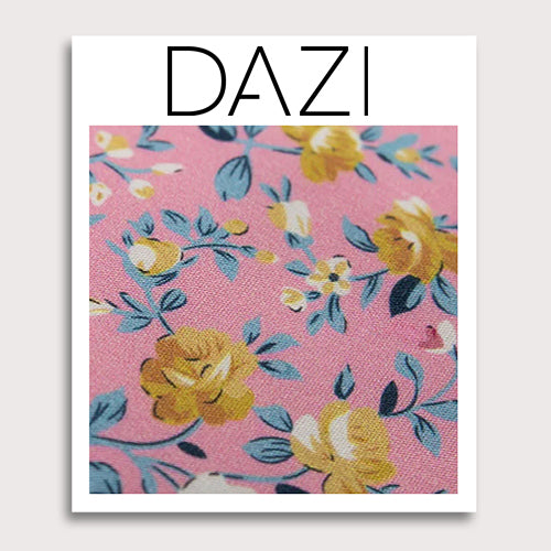 Pink Pansy Fabric Swatch Sample. 3" x 4" fabric sample on cardstock. Pink background with small gold flowers and dusty sage blue leaves throughout.