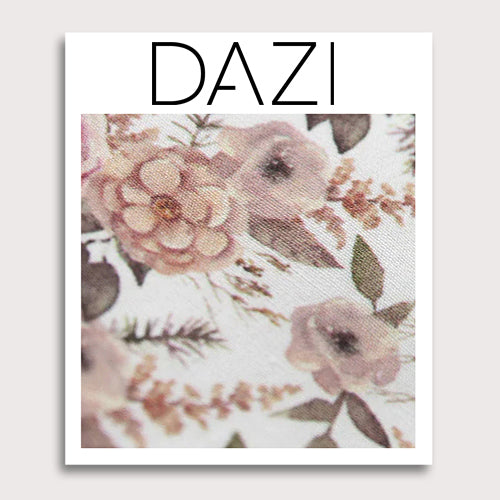 Quicksand Roses Fabric Swatch Sample. 3" x 4" fabric sample on cardstock. White background with mauve, peach and blush pink flowers. Sage green leaves and branches throughout.