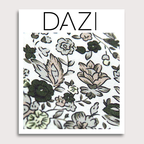 Silhouette Fabric Swatch Sample. 3" x 4" fabric sample on cardstock. White background with gray, black and light tan flowers and leaves.