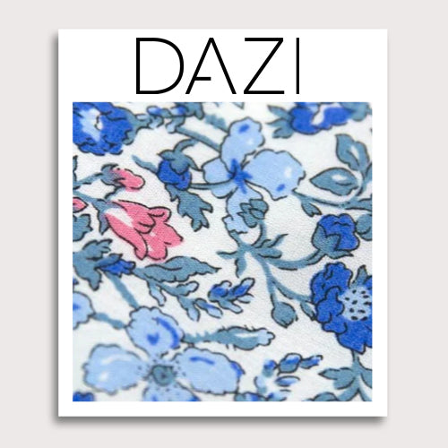 Spring Bloom Fabric Swatch Sample. 3" x 4" fabric sample on cardstock. White background with blue and pink flowers and light turquoise vines and leaves.