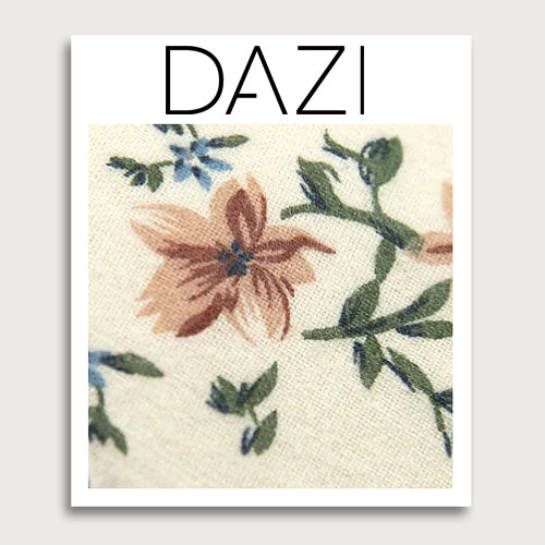 Sugar Blossom Fabric Swatch Sample. 3" x 4" fabric sample on cardstock. Cream background with medium size mauve flowers, small dusty blue flowers, and sage green leaves.