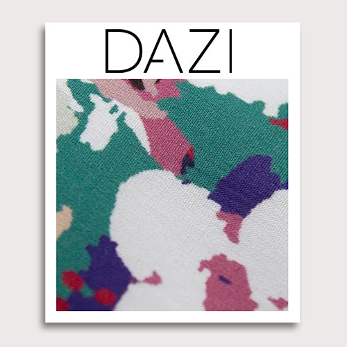 Surfs Up Fabric Swatch Sample. 3" x 4" fabric sample on cardstock. Big white and red flowers with gold and pink leaves on top of a teal, pink, purple and blue background.