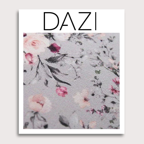 Sweet Pea Fabric Swatch Sample. 3" x 4" fabric sample on cardstock. Light gray background with groups of white, blush and burgundy flowers and black and gray stems and leaves.