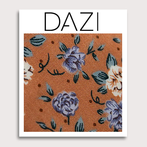 Western Fabric Swatch Sample. 3" x 4" fabric sample on cardstock. Orange background with blue and white flowers and small green leaves throughout.