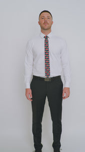 DAZI Forest Fleet Tie worn with a white shirt, black belt and black suit pants.