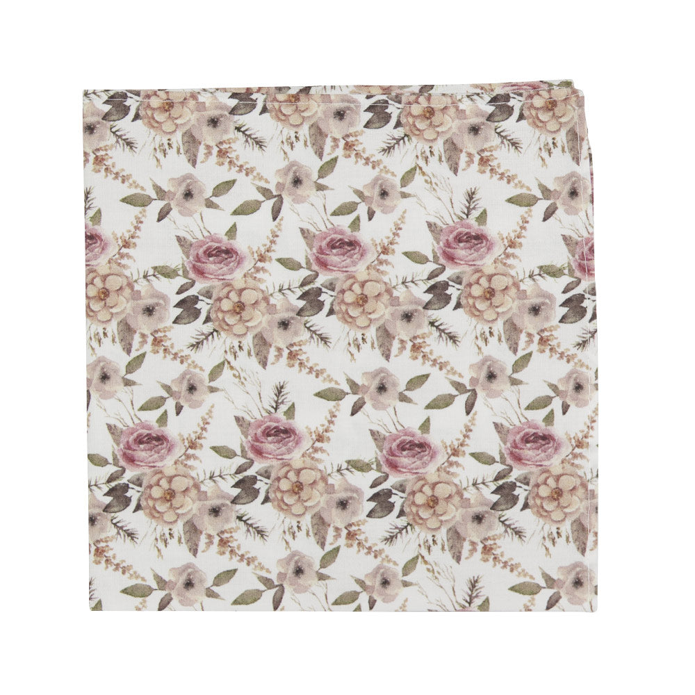 Quicksand Roses Pocket Square. White background with mauve, peach and blush pink flowers. Sage green leaves and branches throughout.