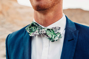 Aloe bow tie worn with a white shirt and royal blue suit jacket.