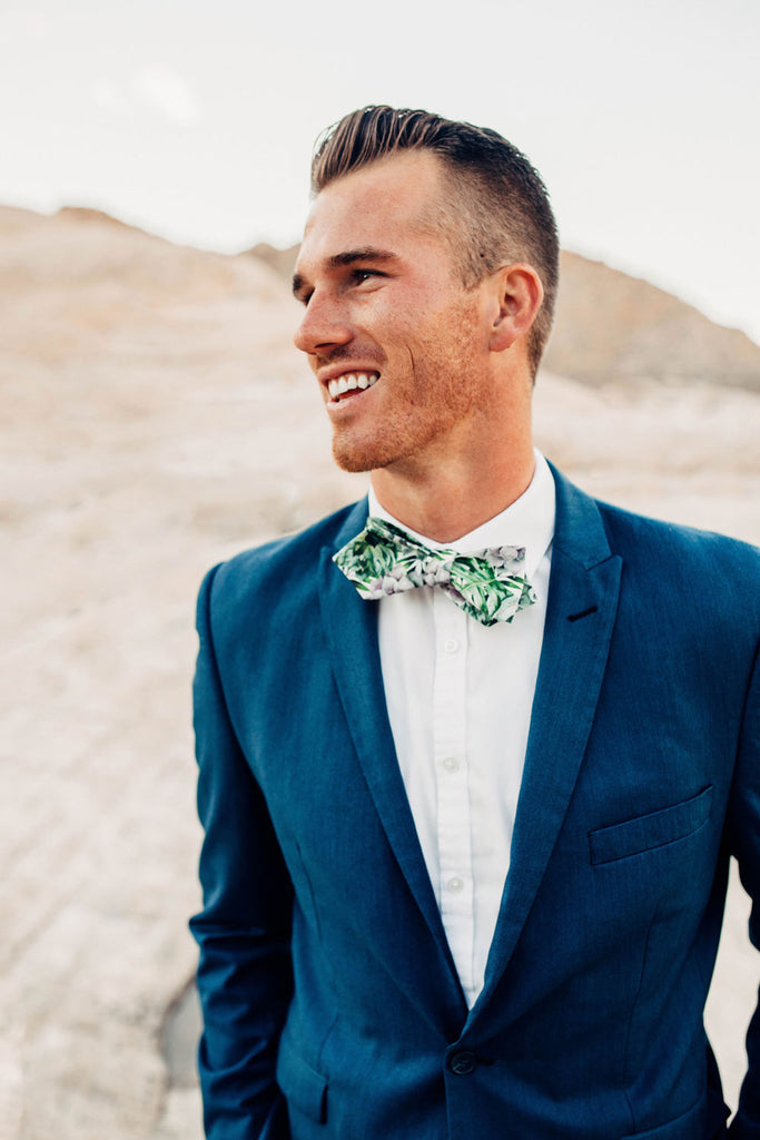 Aloe bow tie worn with a white shirt and royal blue suit jacket.
