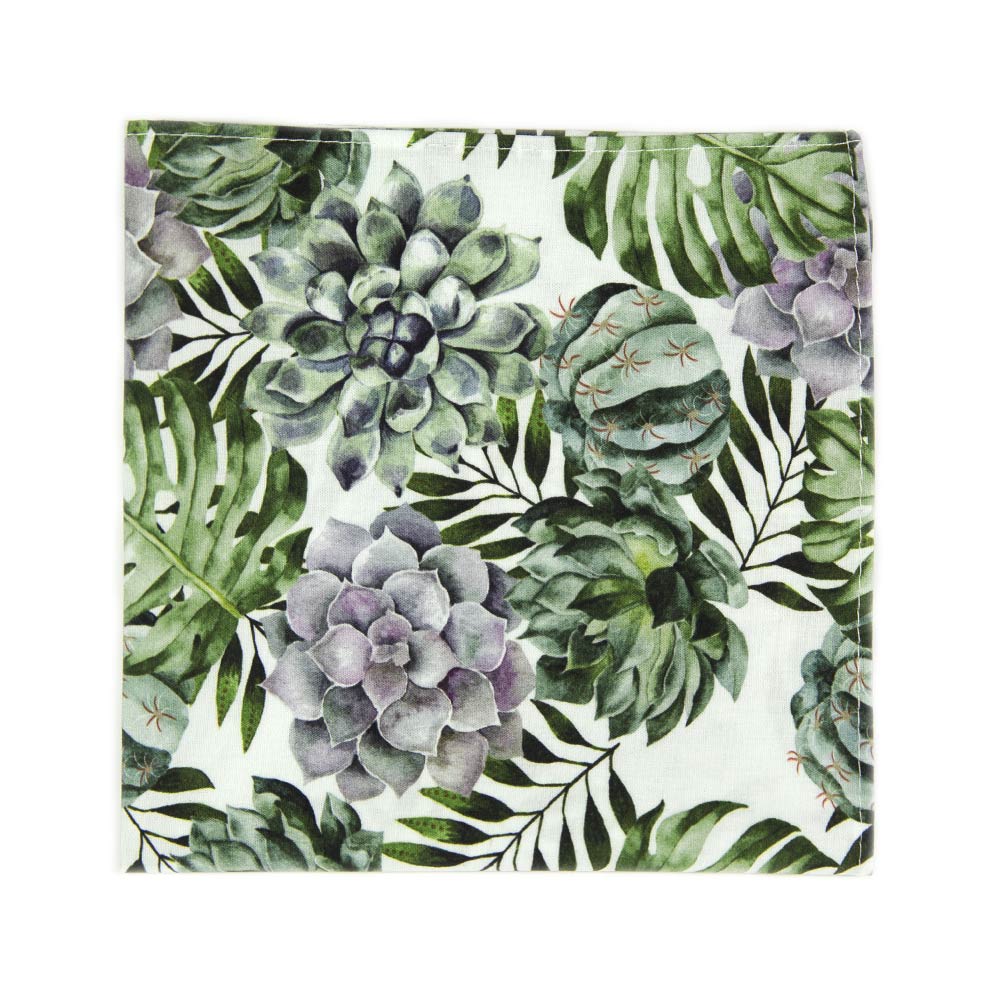 Aloe Pocket Square. White background with big green succulents and leaves, and also purple succulents.