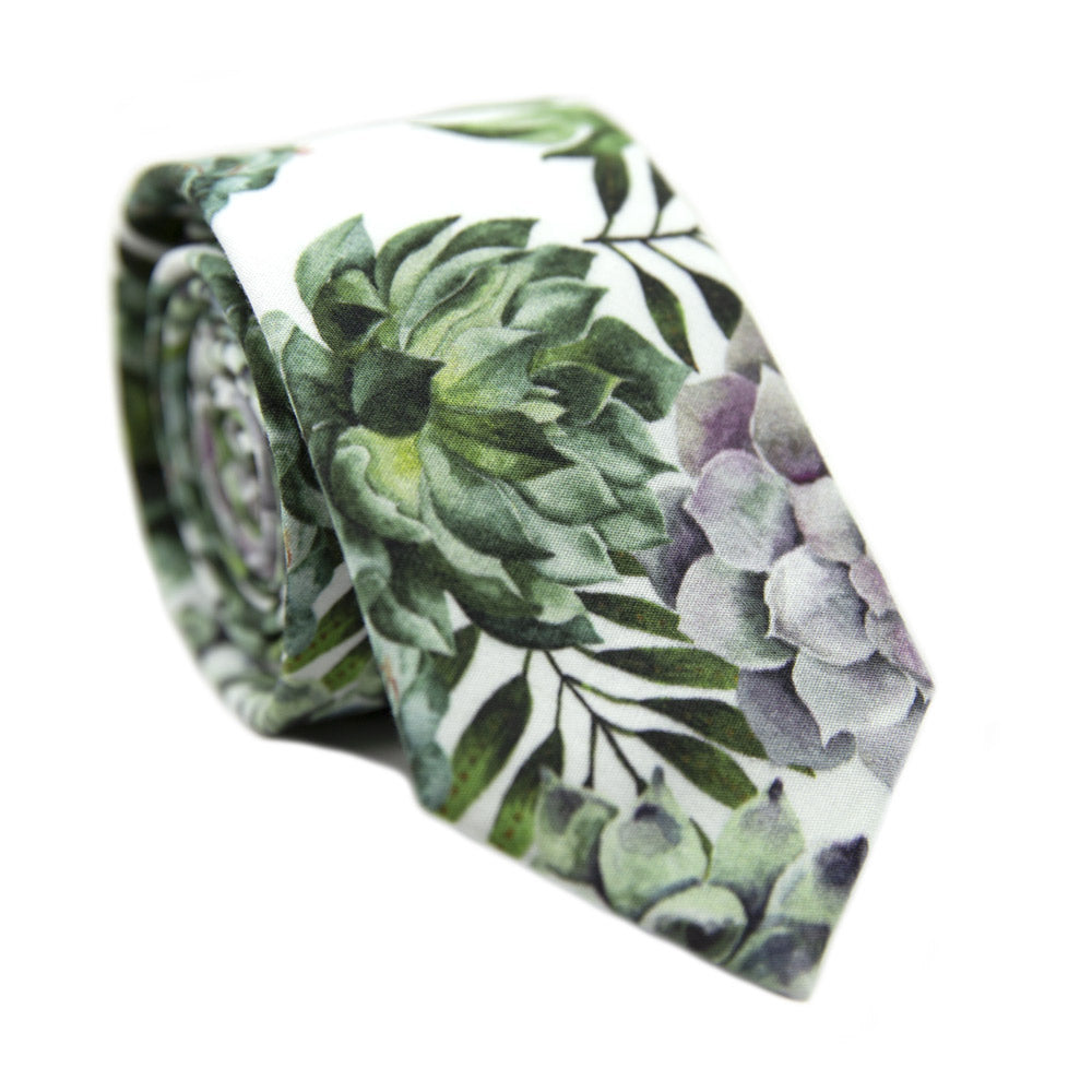 Aloe Skinny Tie. White background with big green succulents and leaves, and also purple succulents.