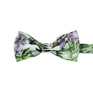 Aloe Pre-Tied Bow Tie. White background with big green succulents and leaves, and also purple succulents.