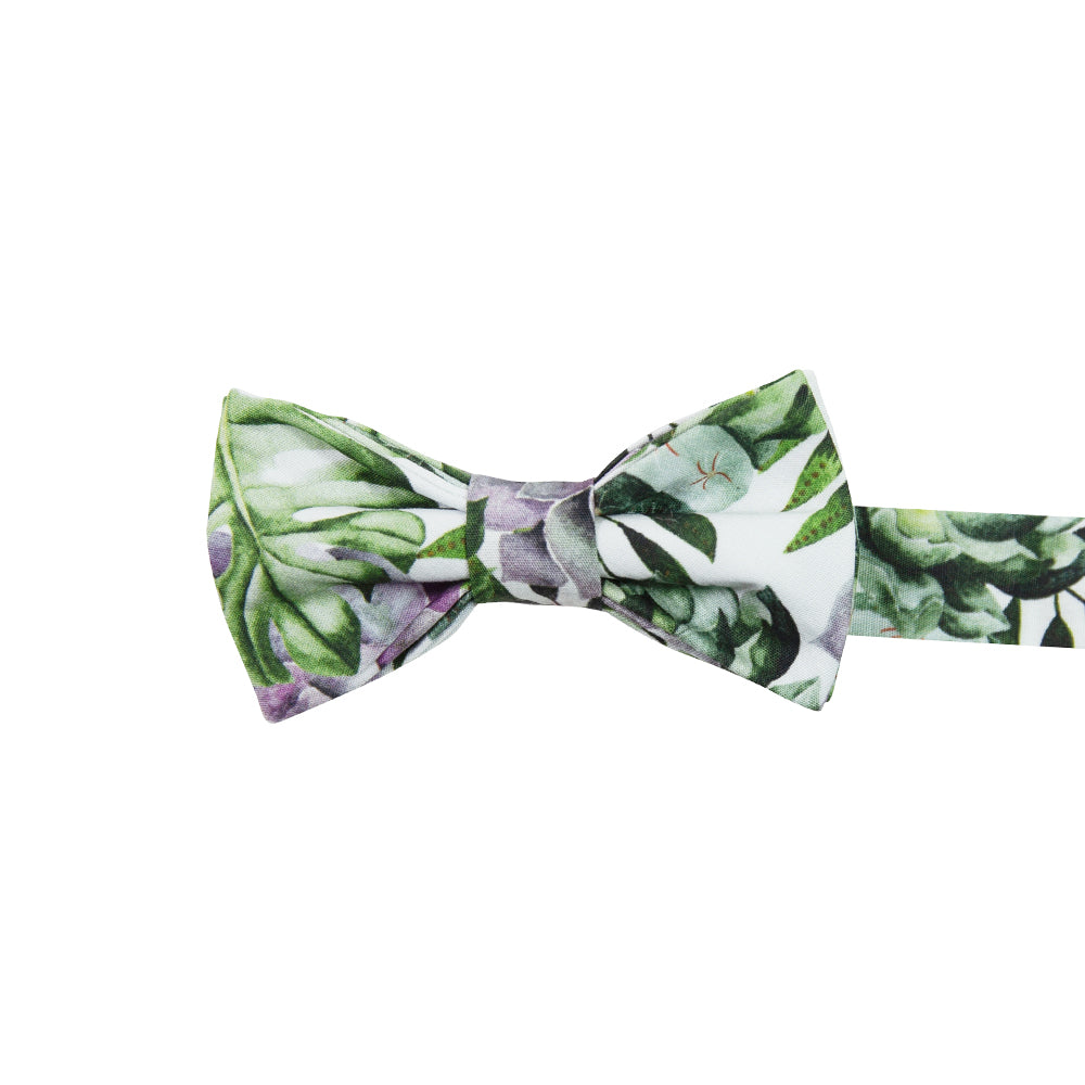Aloe Pre-Tied Bow Tie. White background with big green succulents and leaves, and also purple succulents.