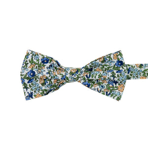 Alpine Blum Pre-Tied Bow Tie. White background with small blue and yellow flowers, small green leaves throughout.