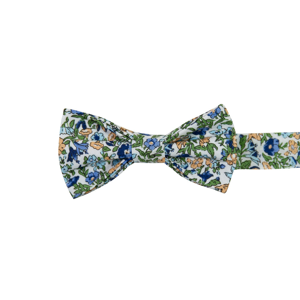 Alpine Blum Pre-Tied Bow Tie. White background with small blue and yellow flowers, small green leaves throughout.