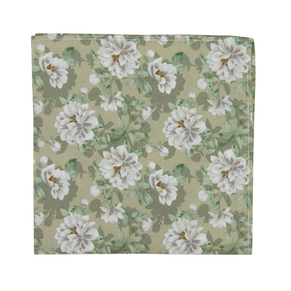 Alyssum Pocket Square. Light sage green background with medium white flowers and green leaves patterned throughout.