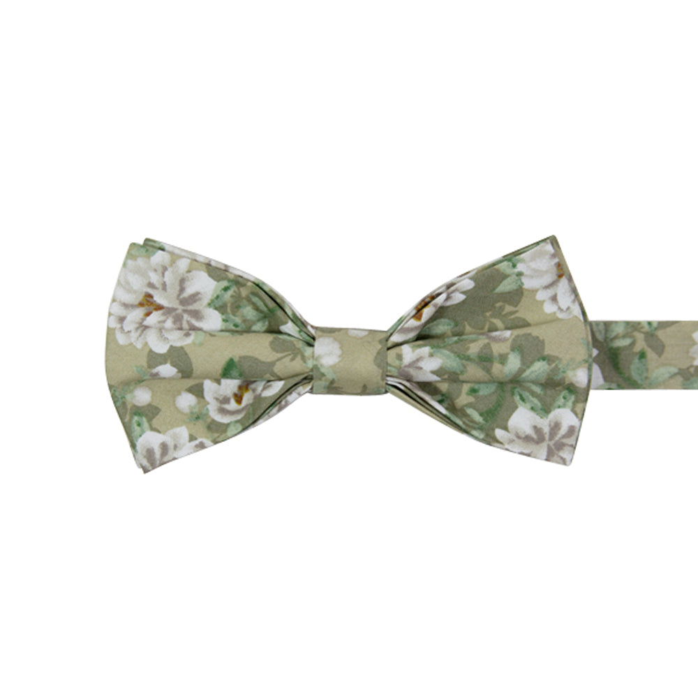 Alyssum Pre-Tied Bow Tie. Light sage green background with medium white flowers and green leaves patterned throughout.