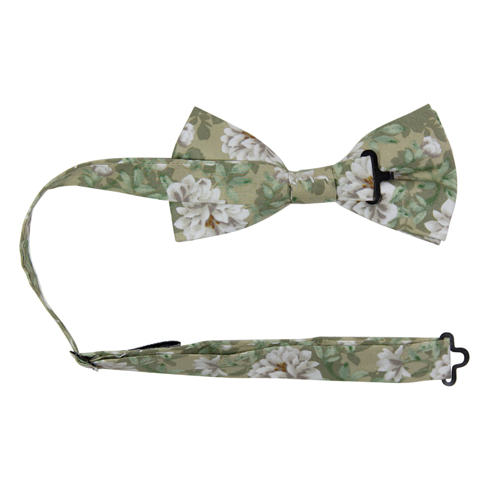 Alyssum Pre-Tied Bow Tie with adjustable neck strap. Light sage green background with medium white flowers and green leaves patterned throughout.