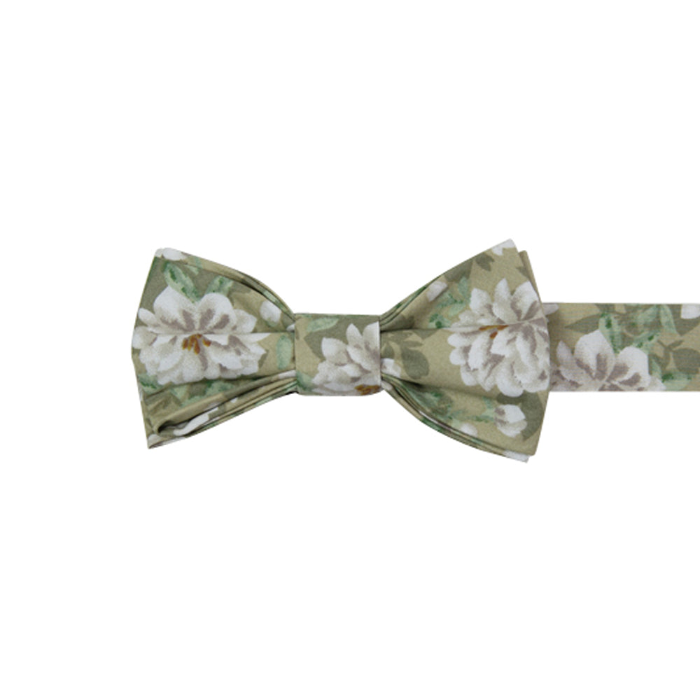 Alyssum Pre-Tied Bow Tie. Light sage green background with medium white flowers and green leaves patterned throughout.