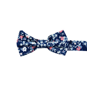 Atlanta Pre-Tied Bow Tie. Navy background with small dusty blue, white, and blush pink flowers.