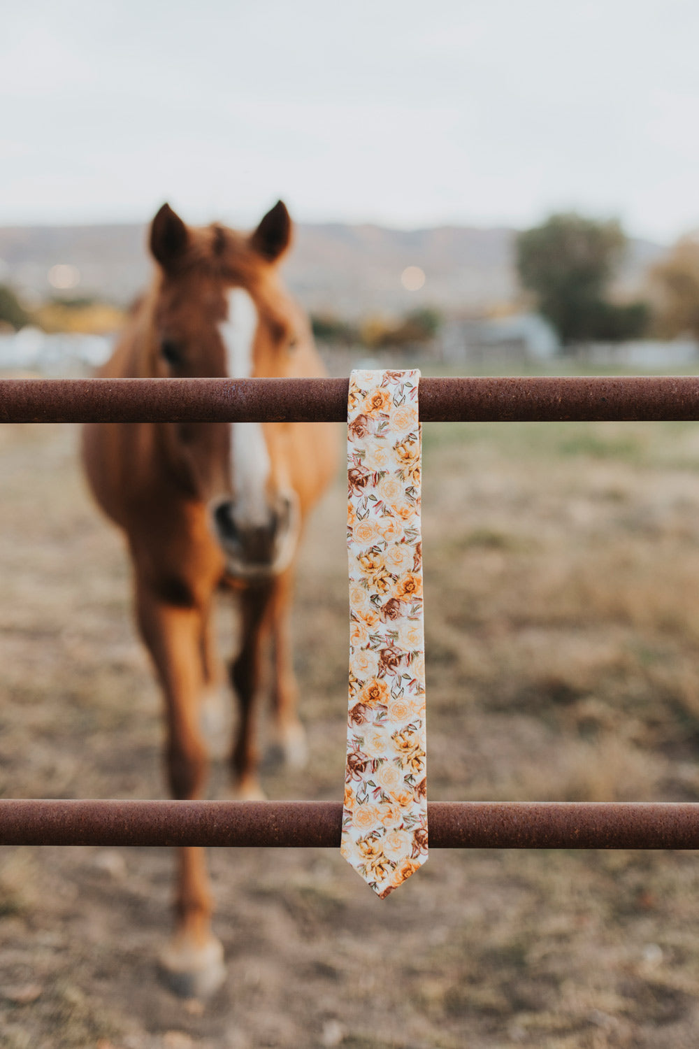 Autumn Cascade Tie photographed hanging over a horse pasture fence with a horse behind walking towards it. 