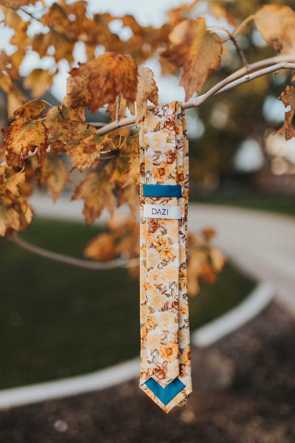 Autumn Cascade Tie photographed hanging from a tree branch with brown and orange leaves.