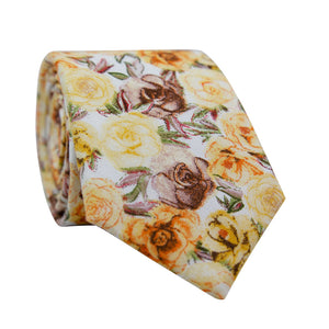 Autumn Cascade Skinny Tie. White background with a tight pattern of yellow gold, orange, and tan brown flowers throughout.