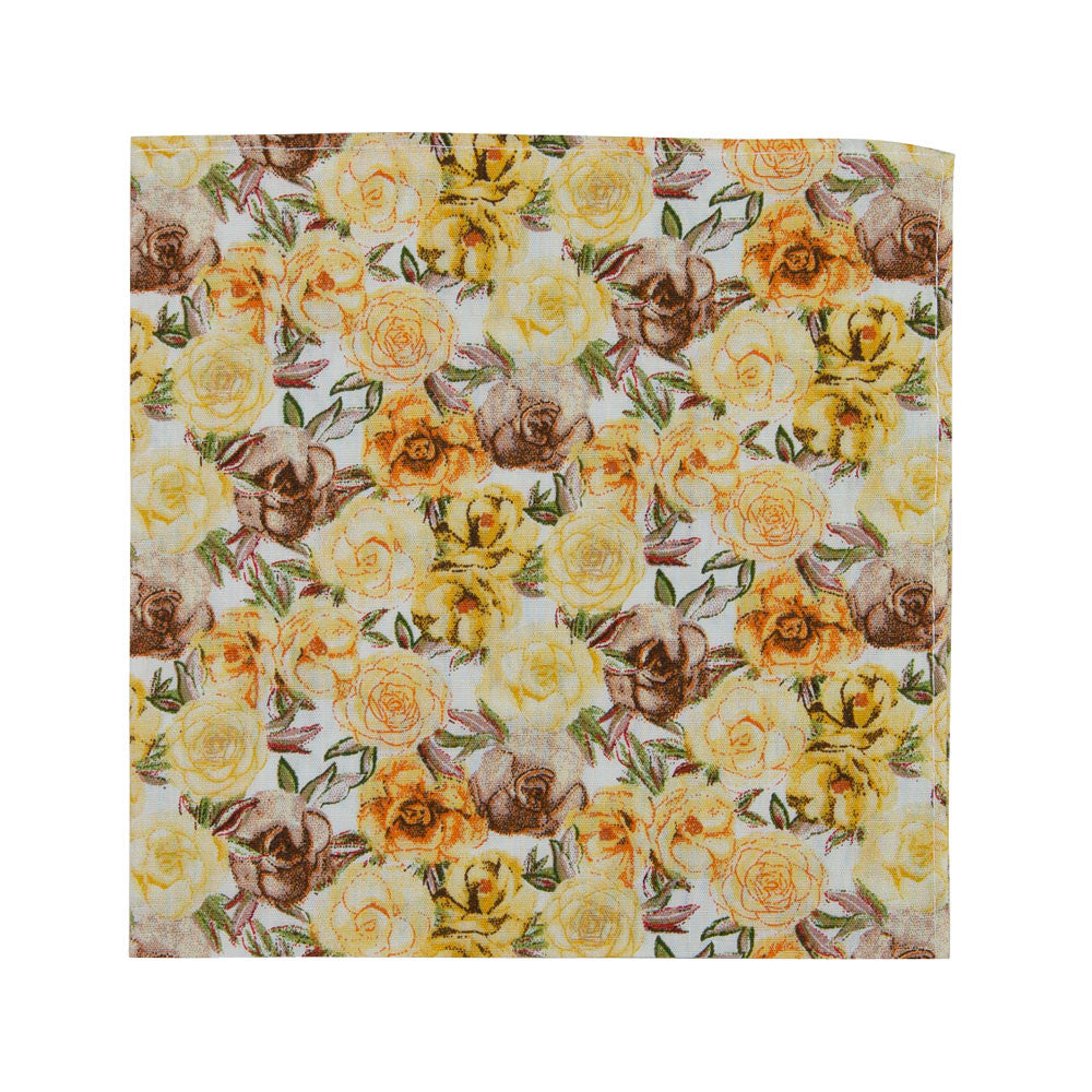 Autumn Cascade Pocket Square. White background with a tight pattern of yellow gold, orange, and tan brown flowers throughout.