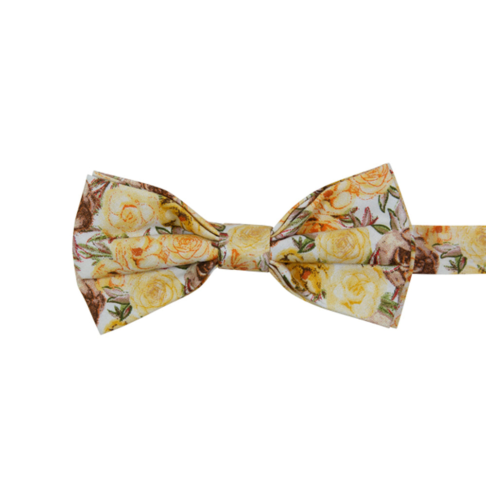 Autumn Cascade Pre-Tied Bow Tie. White background with a tight pattern of yellow gold, orange, and tan brown flowers throughout.