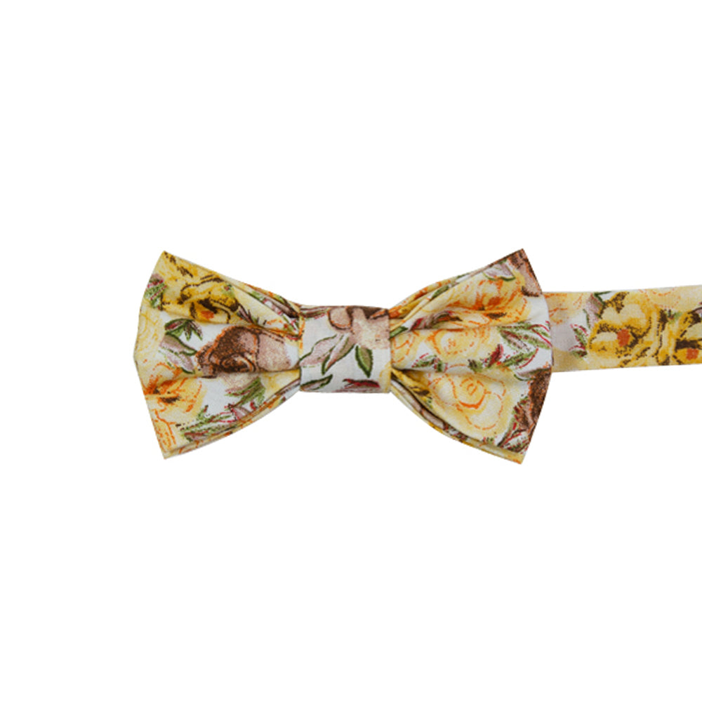 Autumn Cascade Pre-Tied Bow Tie. White background with a tight pattern of yellow gold, orange, and tan brown flowers throughout.