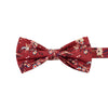 Autumn Pre-Tied Bow Tie. Red background with tan, peach and white flowers with black stems and leaves.