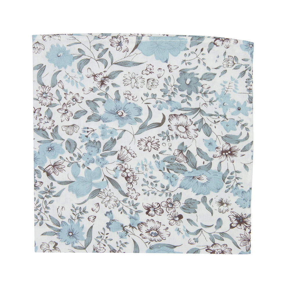 Baltic Pocket Square. White background with various sizes of flowers and leaves in multiple shades of dusty blue.